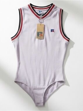 Russell Athletic Elektra Sleeveless Bodysuit in Lilac with Red & Black Trim